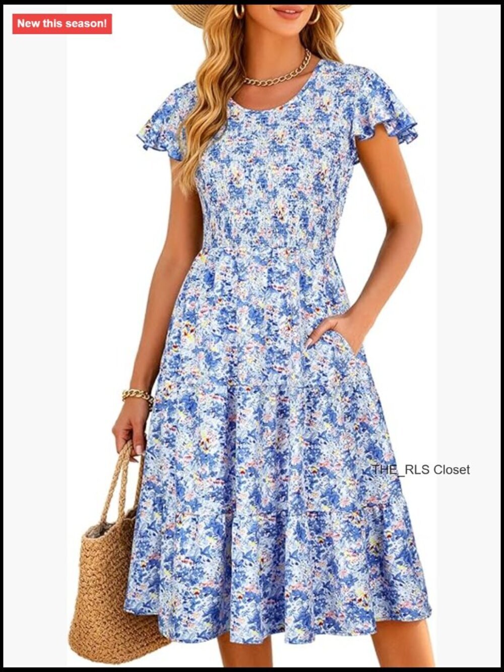 Light Weight Woven Fabric Casual Midi Sundress with Pockets Flutter Sleeve